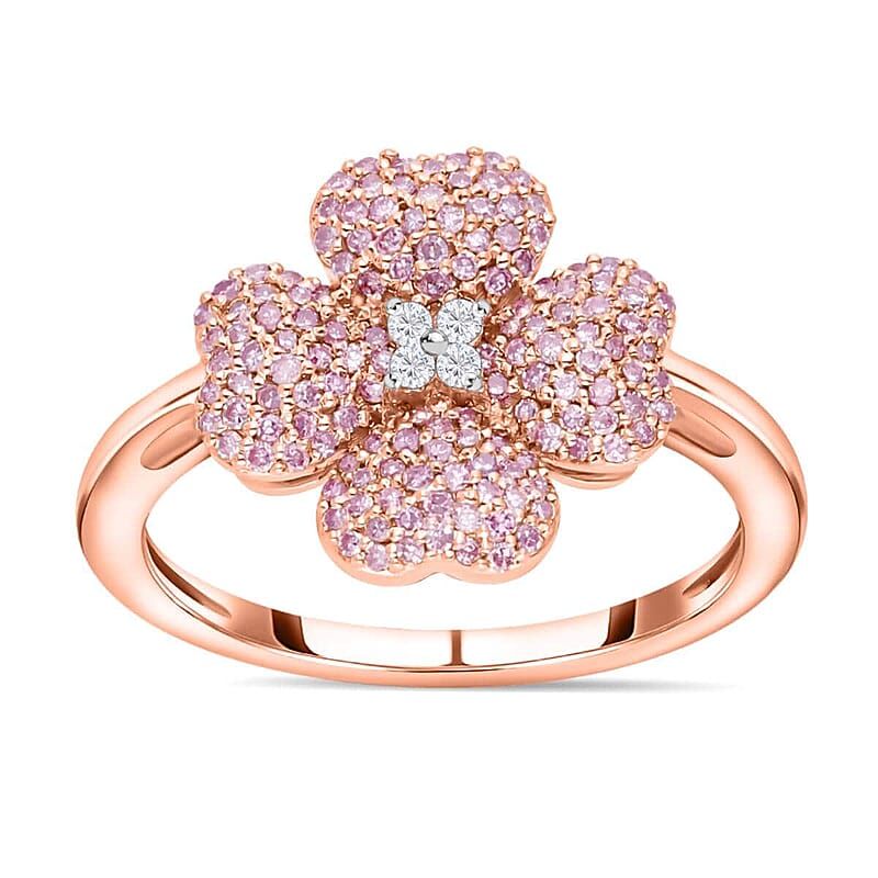 Natural Pink and White Diamond Four Leaf Clover Ring in Vermeil Rose Gold Over Sterling Silver (Size 10.0) 0.50 ctw