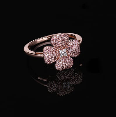 Natural Pink and White Diamond Four Leaf Clover Ring in Vermeil Rose Gold Over Sterling Silver (Size 10.0) 0.50 ctw