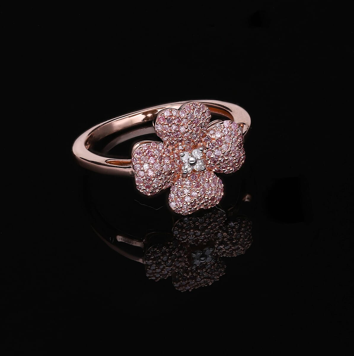 Natural Pink and White Diamond Four Leaf Clover Ring in Vermeil Rose Gold Over Sterling Silver (Size 9.0) 0.50 ctw image number 1