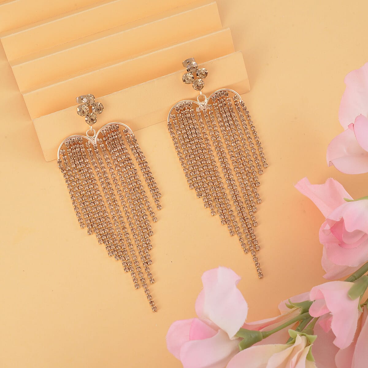 Champagne Austrian Crystal Chandelier Earrings in Goldtone and Stainless Steel , Tarnish-Free, Waterproof, Sweat Proof Jewelry image number 1