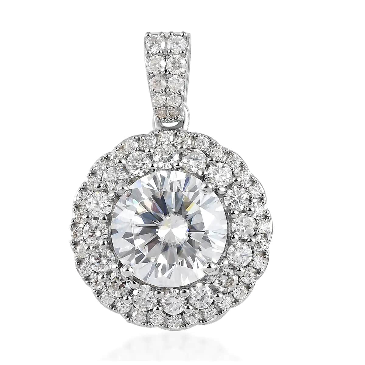 TLV Moissanite (Rnd 9mm) Halo Pendant in Platinum Over Sterling Silver 3.50 ctw image number 0