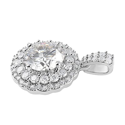 Moissanite Double Halo Pendant in Platinum Over Sterling Silver 3.50 ctw