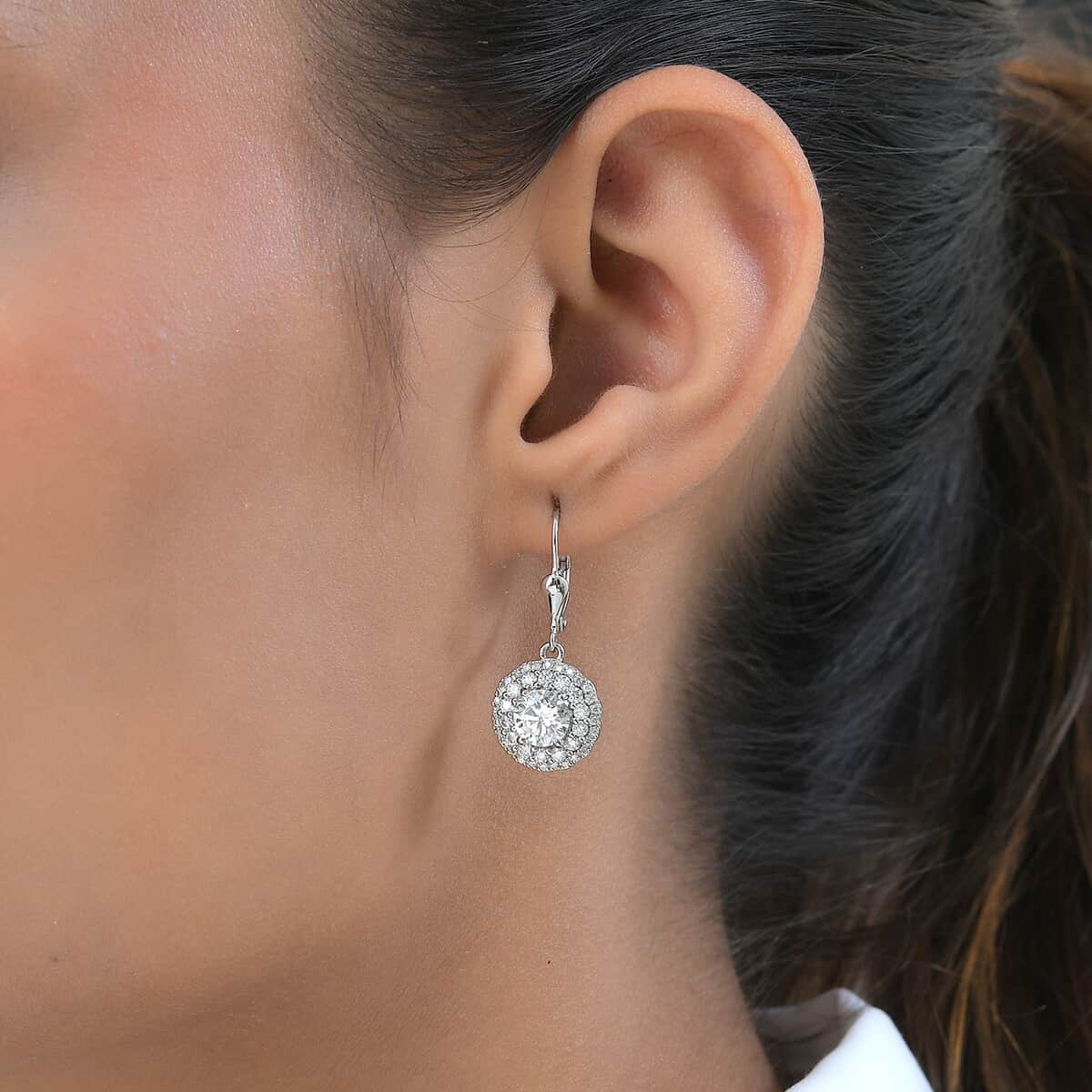 TLV Moissanite (Rnd 6.5mm) Lever Back Earrings in Platinum Over Sterling Silver 2.85 ctw image number 2