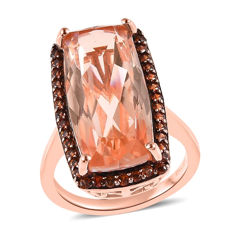Morganique Quartz (Triplet) and Coffee Zircon Halo Ring in Vermeil Rose Gold Over Sterling Silver (Size 10.0) 13.15 ctw