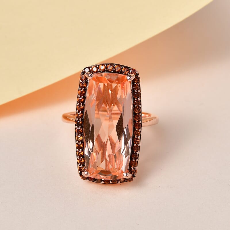 Morganique Quartz (Triplet) and Coffee Zircon Halo Ring in Vermeil Rose Gold Over Sterling Silver (Size 10.0) 13.15 ctw