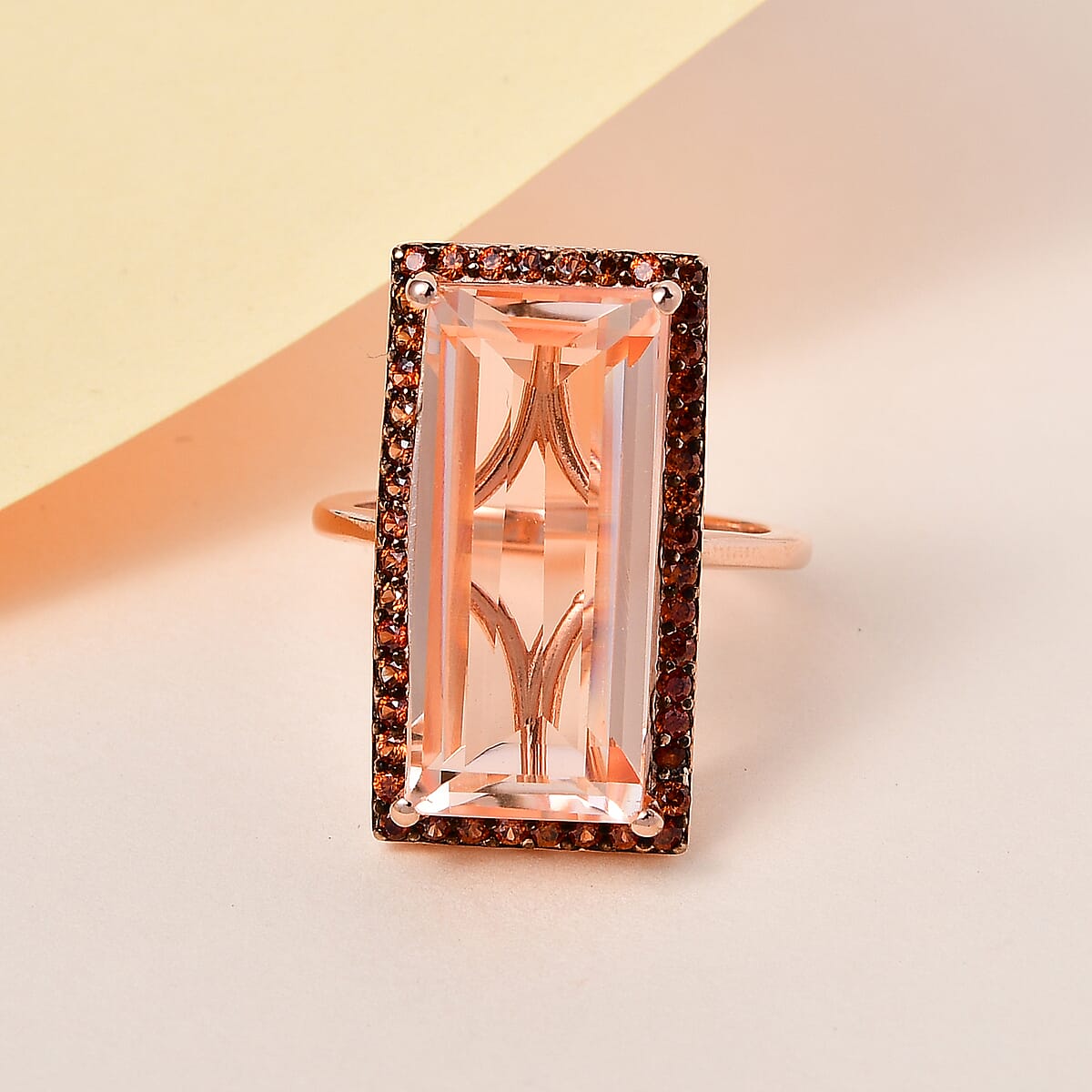Morganique Quartz (Triplet) and Coffee Zircon Halo Ring in Vermeil Rose Gold Over Sterling Silver (Size 9.0) 15.35 ctw image number 1