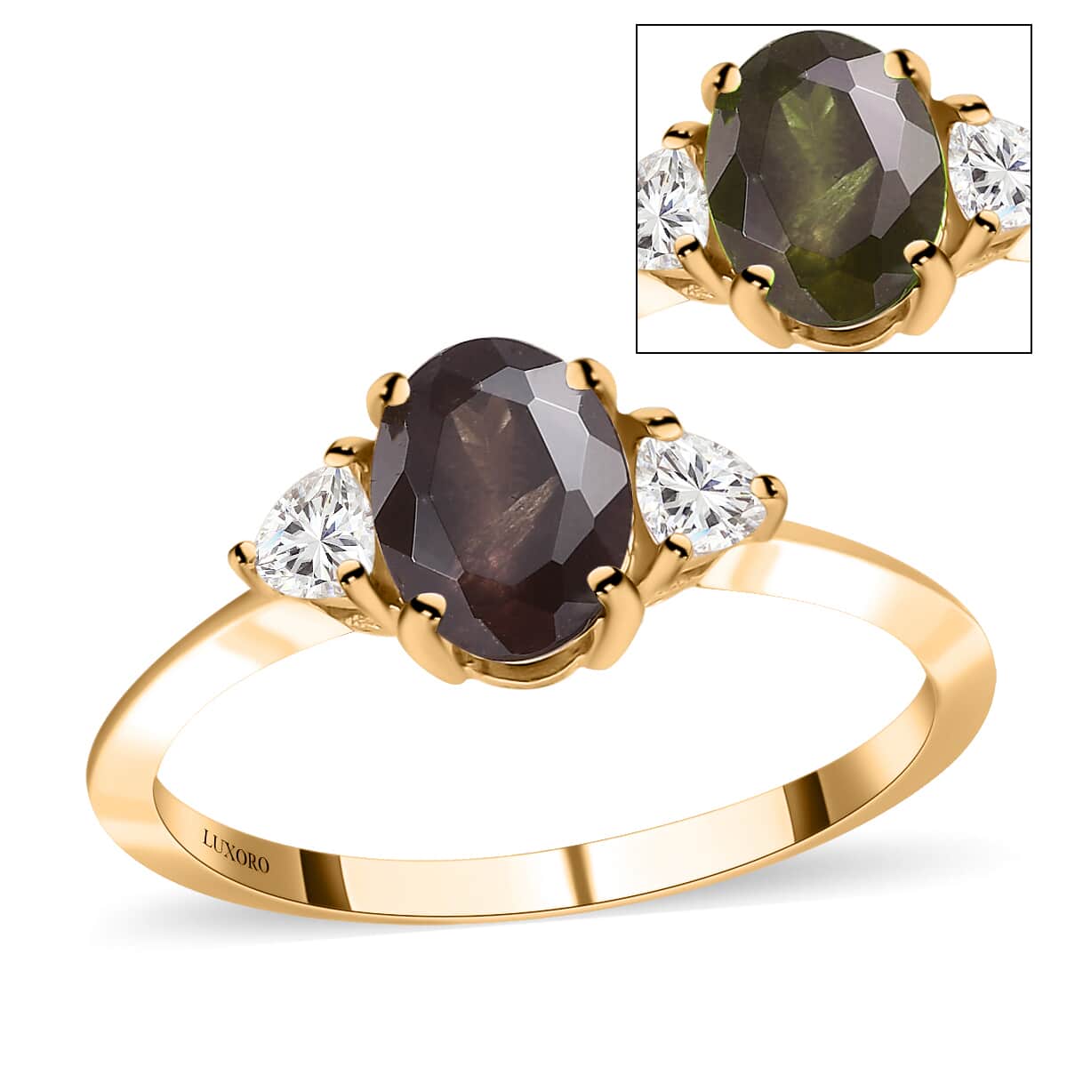 Luxoro 10K Yellow Gold Premium Bekily Color Change Garnet and Moissanite 3 Stone Ring (Size 10.0) 2.00 ctw image number 0