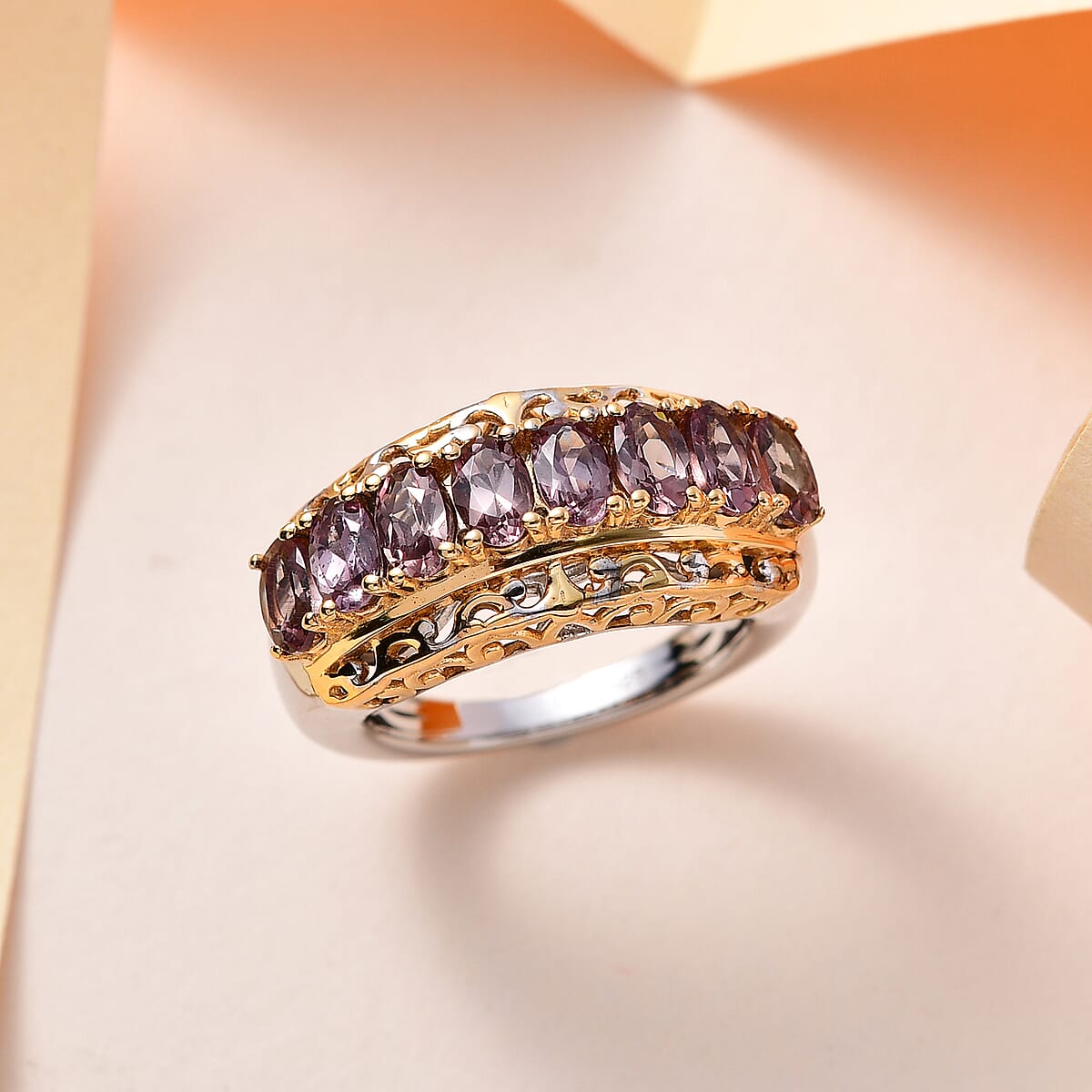 Bekily Color Change Garnet Ring in Vermeil Yellow Gold and Platinum Over Sterling Silver 2.25 ctw image number 1