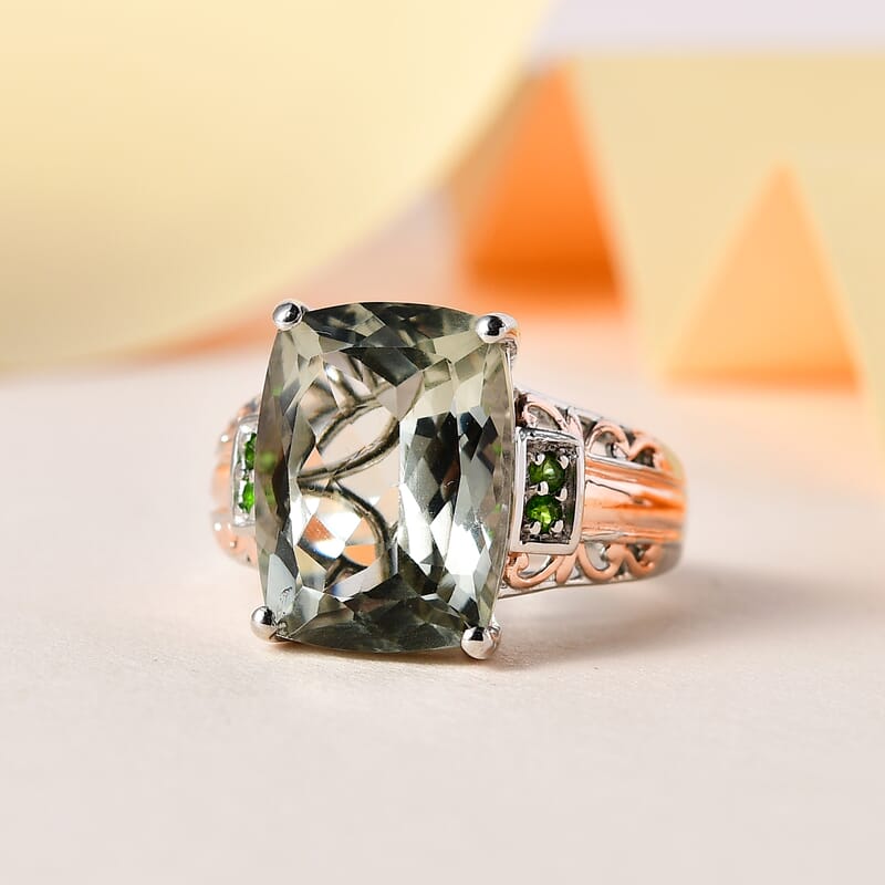 AAA Montezuma Prasiolite and Chrome Diopside Ring in Vermeil Rose Gold and Platinum Over Sterling Silver (Size 10.0) 10.40 ctw