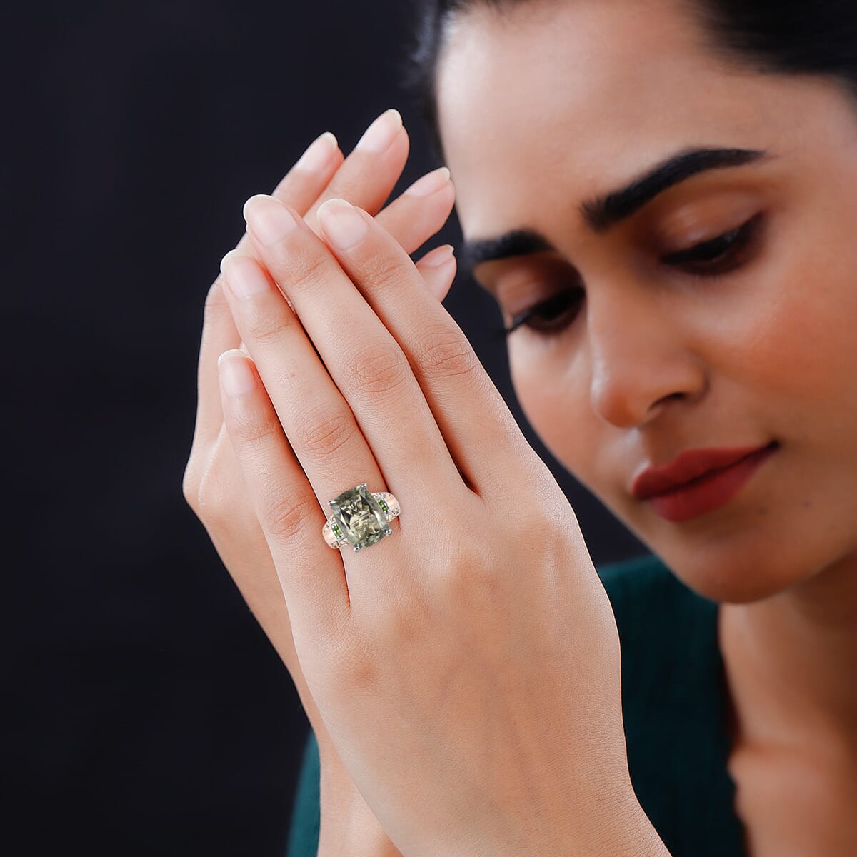 AAA Montezuma Prasiolite and Chrome Diopside Ring in Vermeil Rose Gold and Platinum Over Sterling Silver 10.40 ctw image number 2
