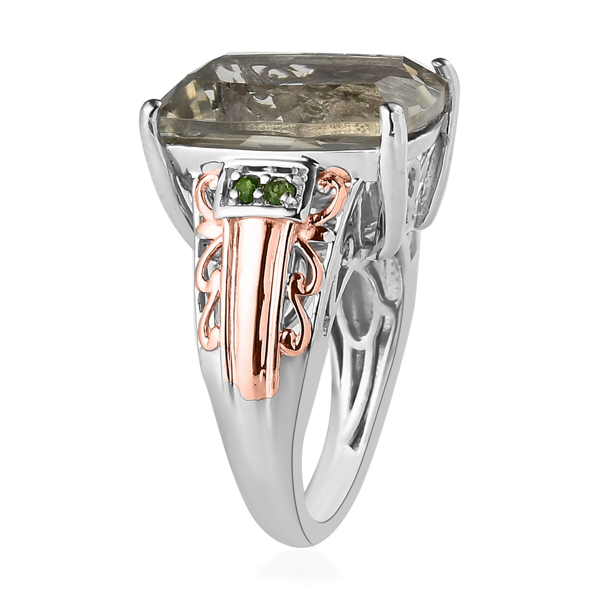 AAA Montezuma Prasiolite and Chrome Diopside Ring in Vermeil Rose Gold and Platinum Over Sterling Silver 10.40 ctw image number 3