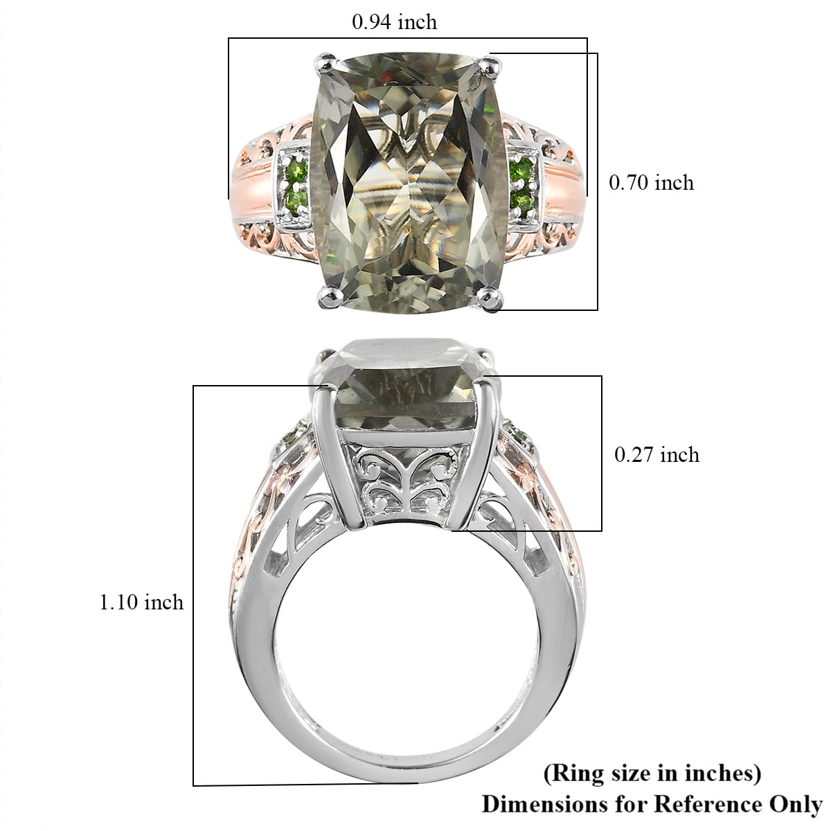 AAA Montezuma Prasiolite and Chrome Diopside Ring in Vermeil Rose Gold and Platinum Over Sterling Silver 10.40 ctw image number 5