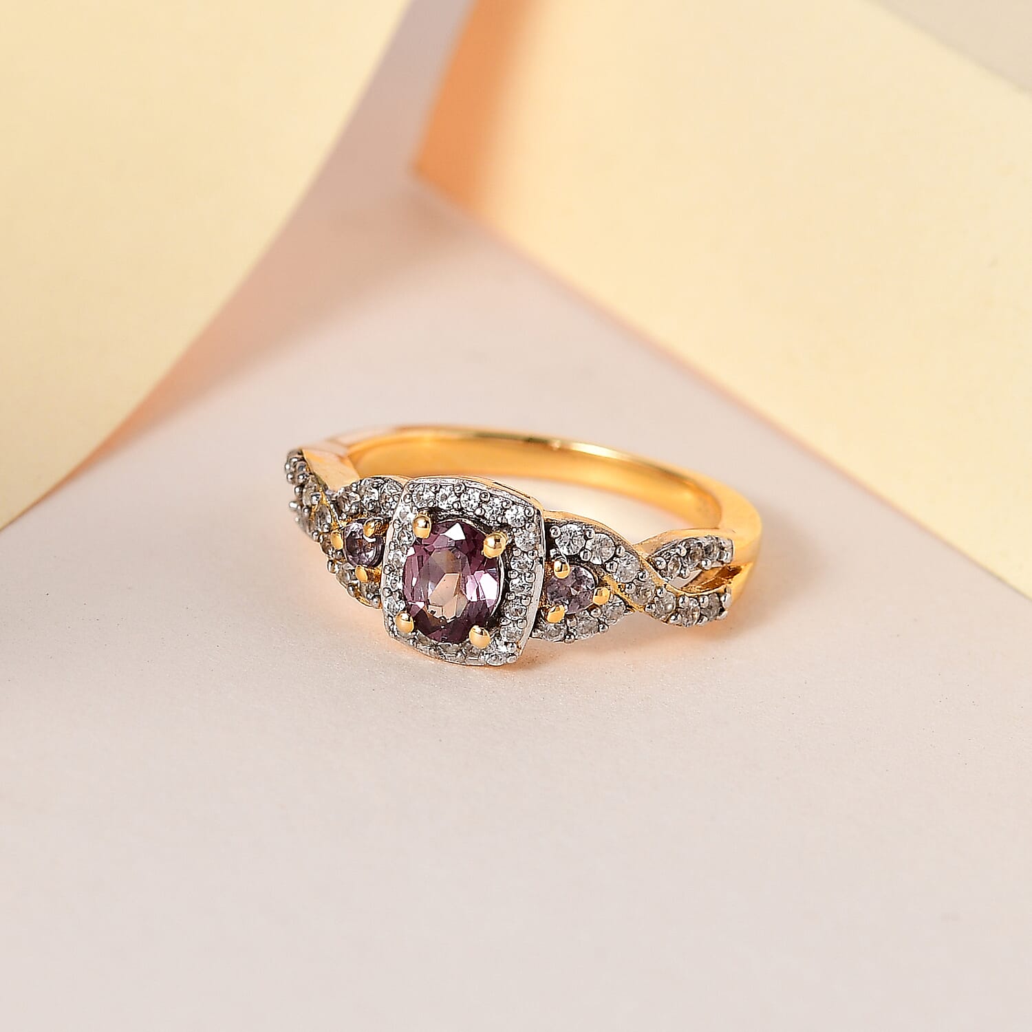 Bekily Color Change Garnet and White Zircon Ring in Vermeil Yellow Gold Over Sterling Silver (Size 10.0) 1.35 ctw