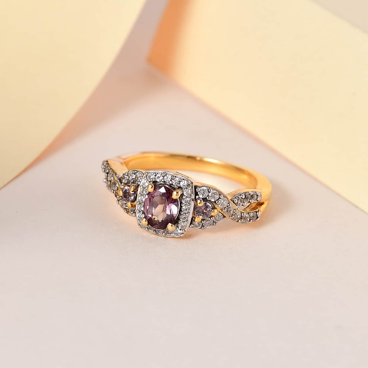 Bekily Color Change Garnet and White Zircon Ring in Vermeil Yellow Gold Over Sterling Silver 1.35 ctw image number 1