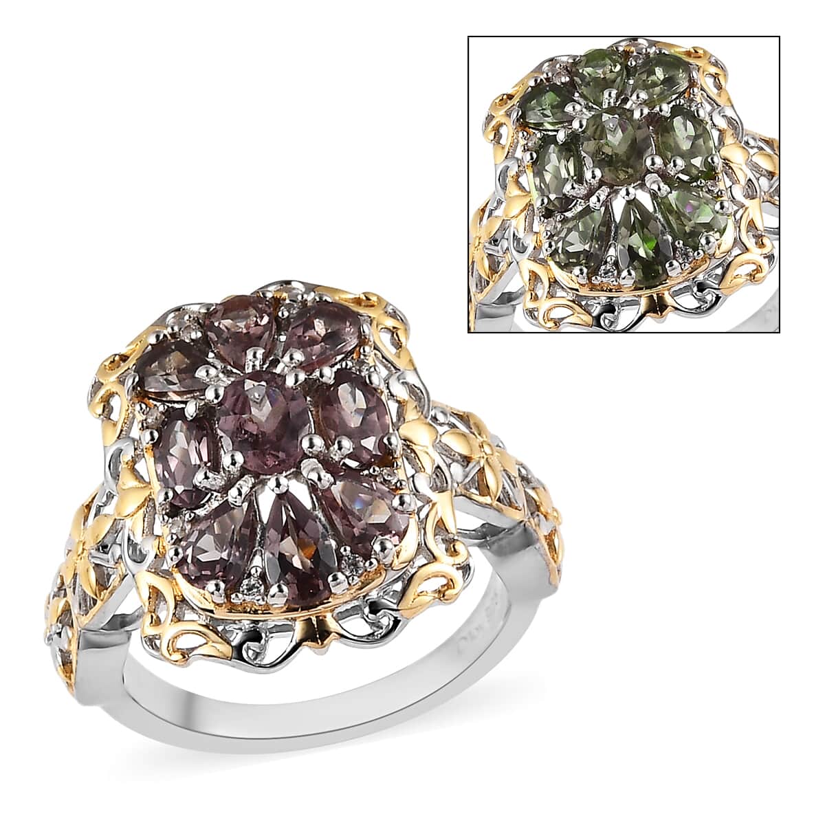 Bekily Color Change Garnet and White Zircon Ring in Vermeil Yellow Gold and Platinum Over Sterling Silver (Size 7.0) 2.65 ctw image number 0