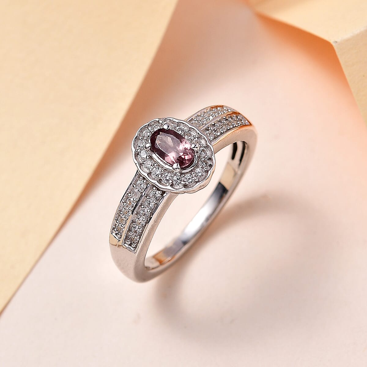 Bekily Color Change Garnet and White Zircon Halo Ring in Platinum Over Sterling Silver 0.75 ctw image number 1