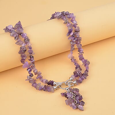 Amethyst and White Austrian Crystal Necklace 18 Inches in Silvertone 336.00 ctw