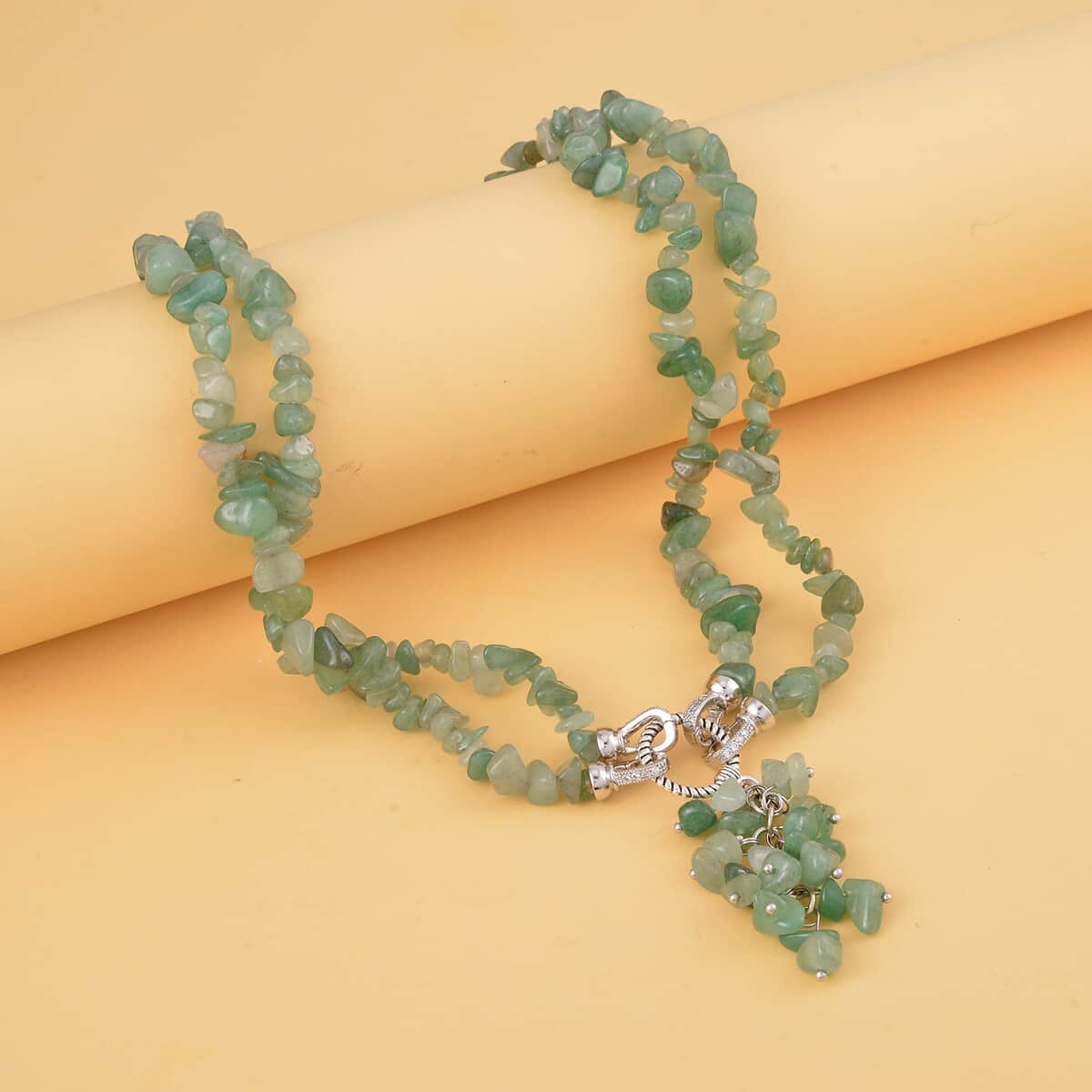 Green Aventurine and White Austrian Crystal Necklace 18 Inches in Silvertone 335.00 ctw image number 1