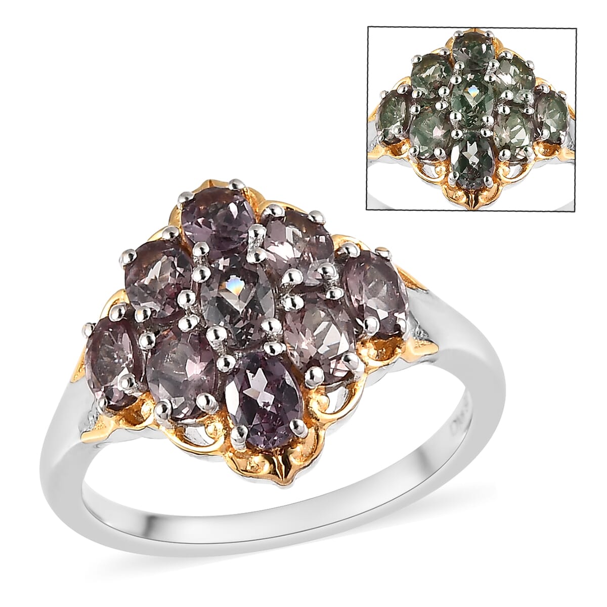 Bekily Color Change Garnet Cluster Ring in Vermeil Yellow Gold and Platinum Over Sterling Silver 1.85 ctw image number 0