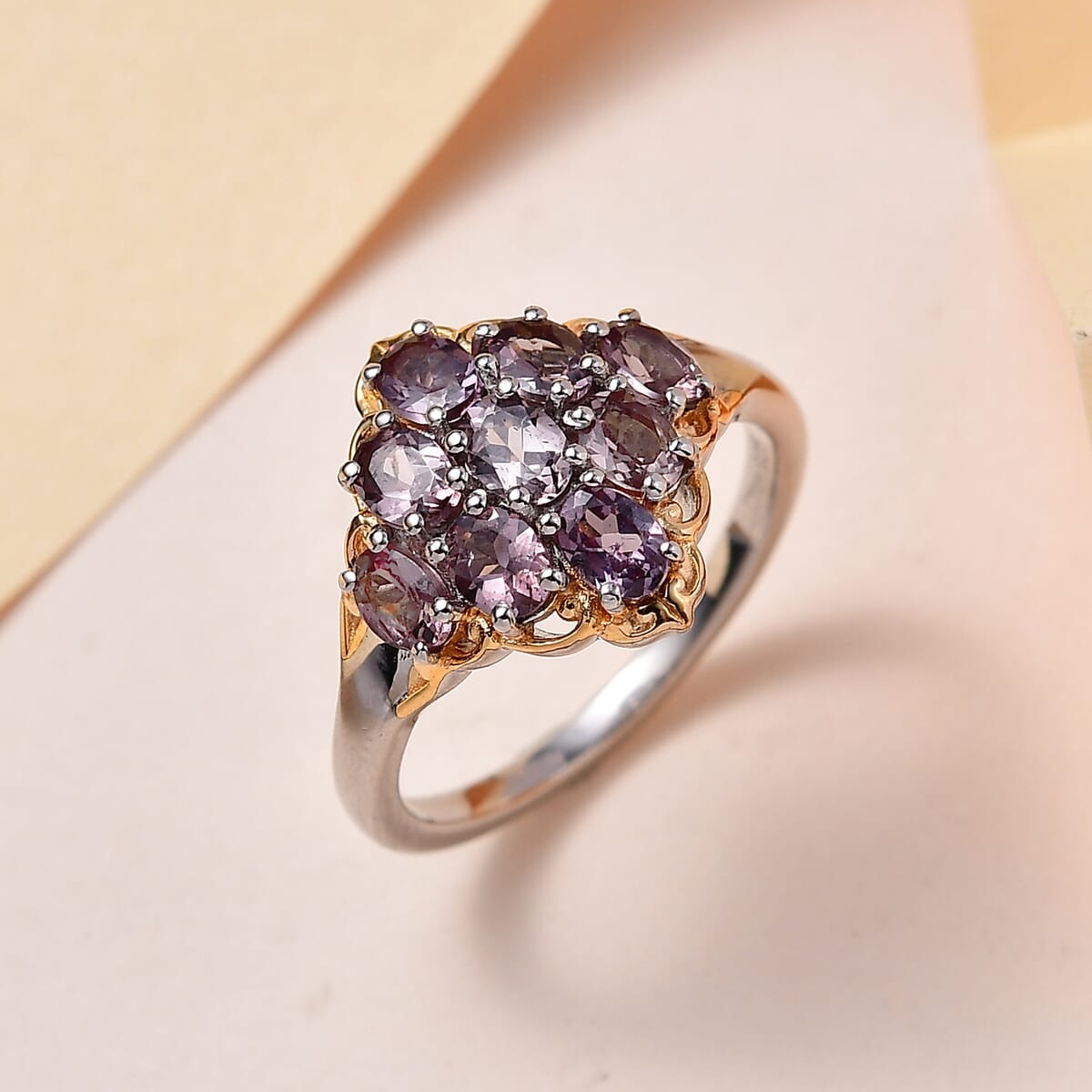 Bekily Color Change Garnet Cluster Ring in Vermeil Yellow Gold and Platinum Over Sterling Silver 1.85 ctw image number 1