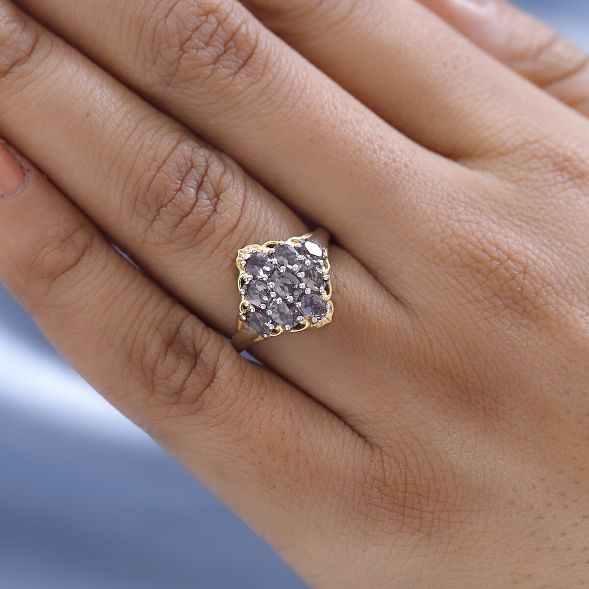 Bekily Color Change Garnet Cluster Ring in Vermeil Yellow Gold and Platinum Over Sterling Silver 1.85 ctw image number 2