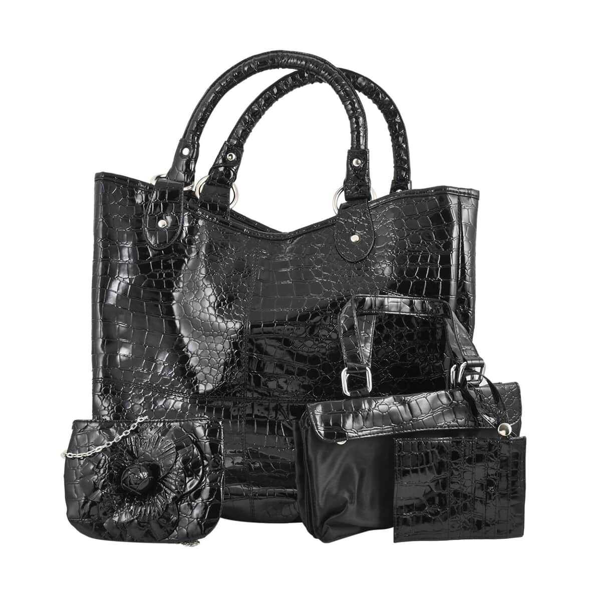 Black Croc Embossement Leather Satchel Bag