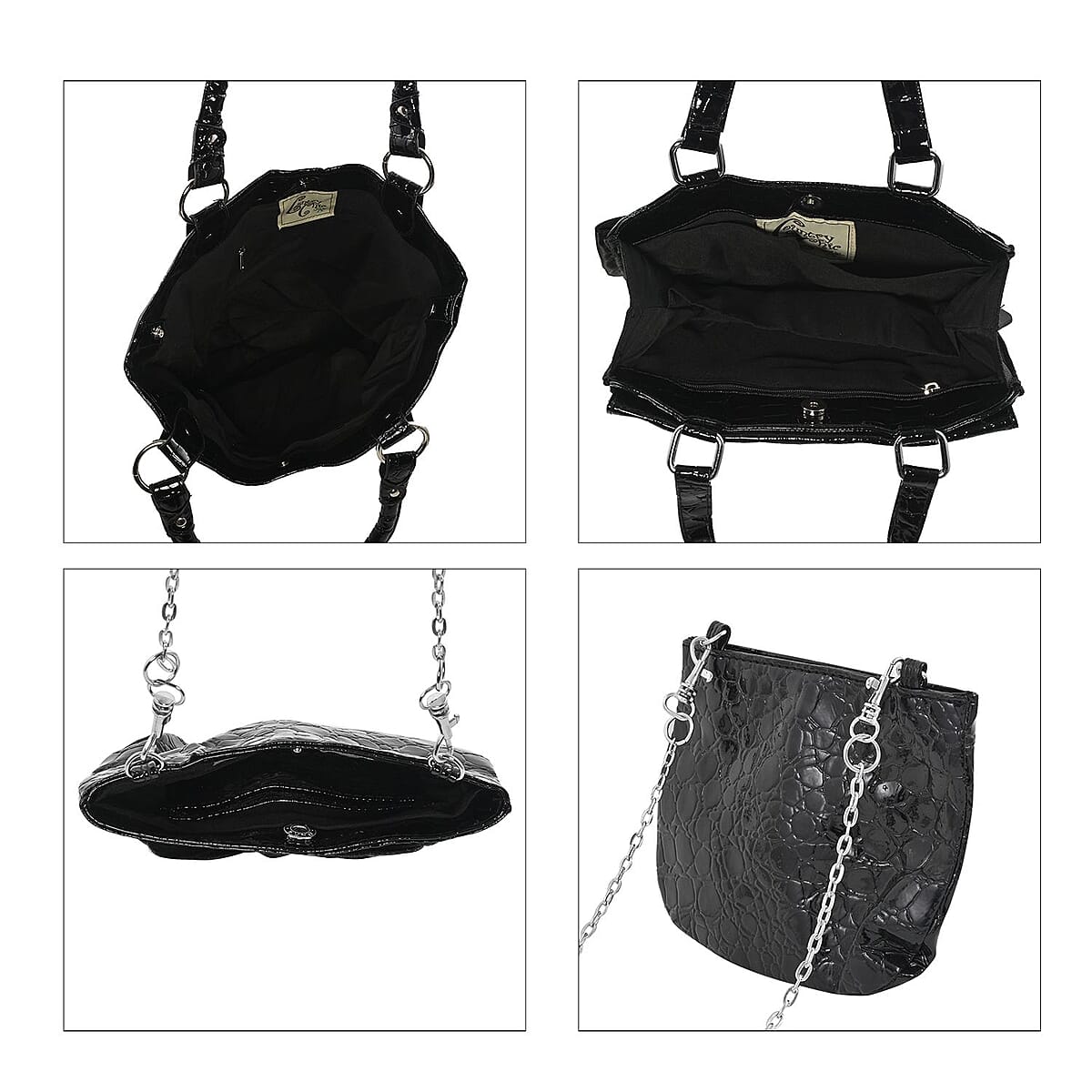 Chicago Closeouts Country Chic 4pc Black Crocodile Embossed Faux Leather Tote, Shoulder Bag, Crossbody Bag and Wallet image number 7