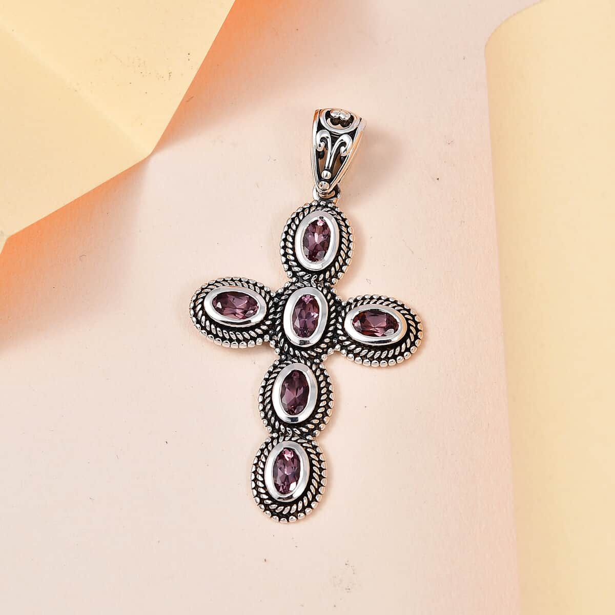 Artisan Crafted Bekily Color Change Garnet Cross Pendant in Sterling Silver 1.75 ctw image number 2