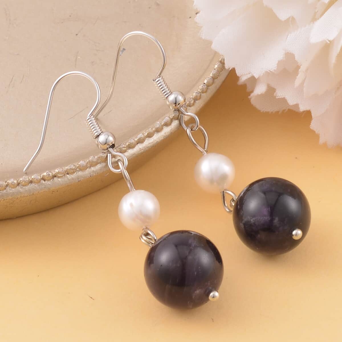 African Amethyst, White Freshwater Pearl Drop Earrings in Silvertone 25.00 ctw image number 1