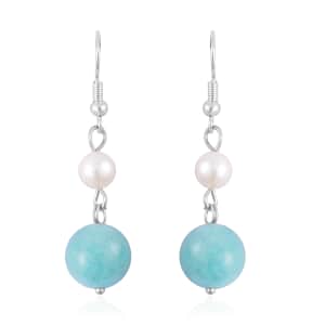 Amazonite and White Freshwater Pearl Drop Earrings in Silvertone 25.00 ctw