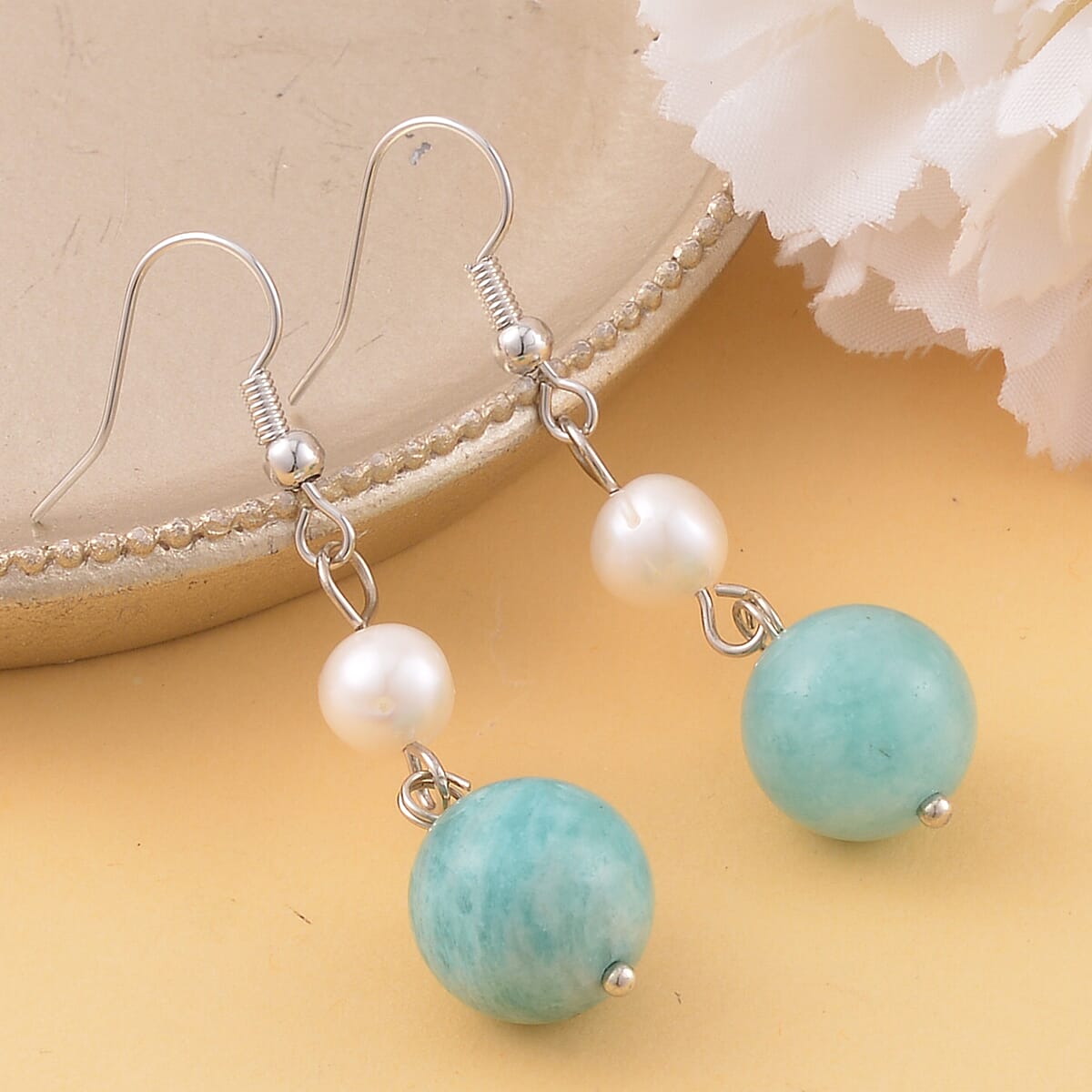 Amazonite and White Freshwater Pearl Drop Earrings in Silvertone 25.00 ctw image number 1