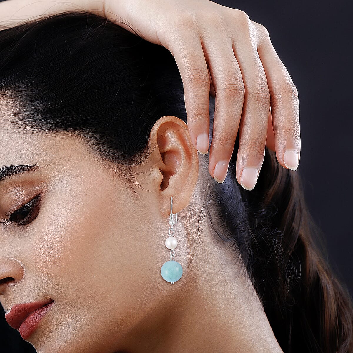 Amazonite and White Freshwater Pearl Drop Earrings in Silvertone 25.00 ctw image number 2