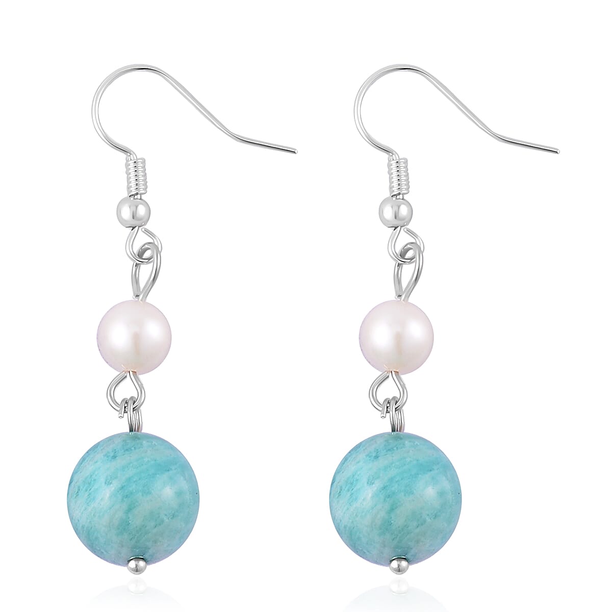 Amazonite and White Freshwater Pearl Drop Earrings in Silvertone 25.00 ctw image number 3