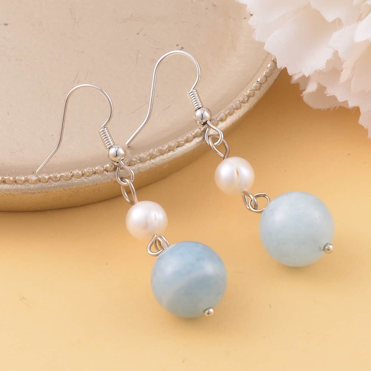 Mangoro Aquamarine and White Freshwater Pearl Drop Earrings in Silvertone 25.00 ctw image number 1