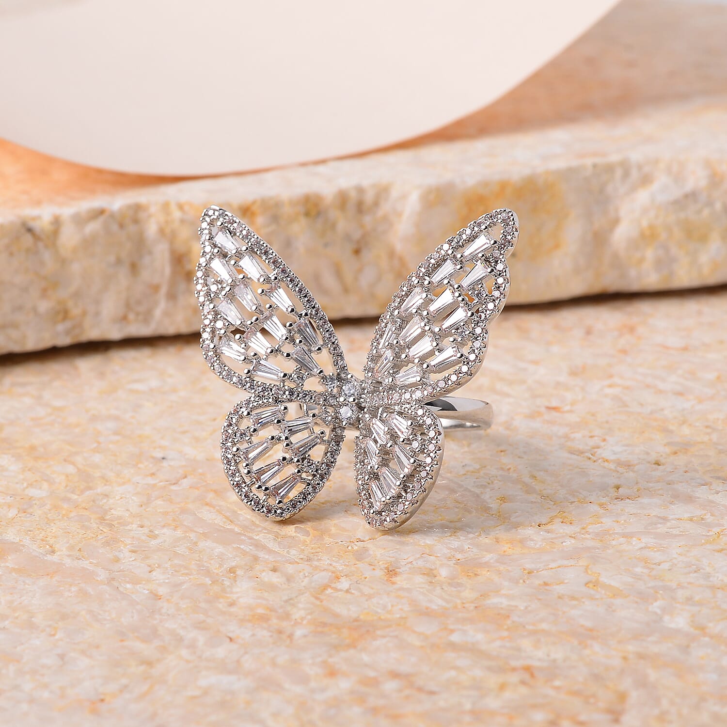 Simulated Diamond Butterfly Ring in Silvertone (Size 10.0) 5.00 ctw