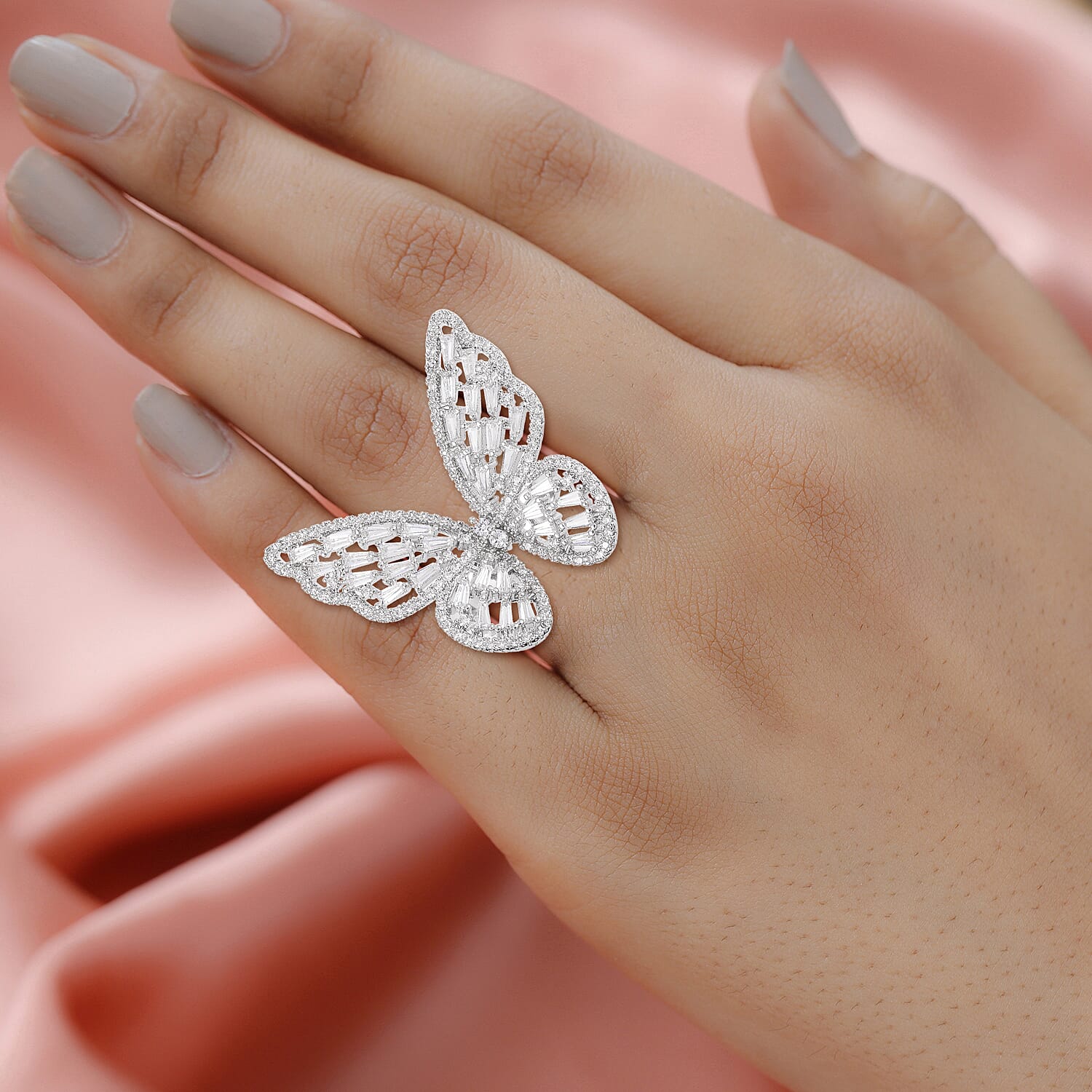 Simulated Diamond Butterfly Ring in Silvertone (Size 10.0) 5.00 ctw