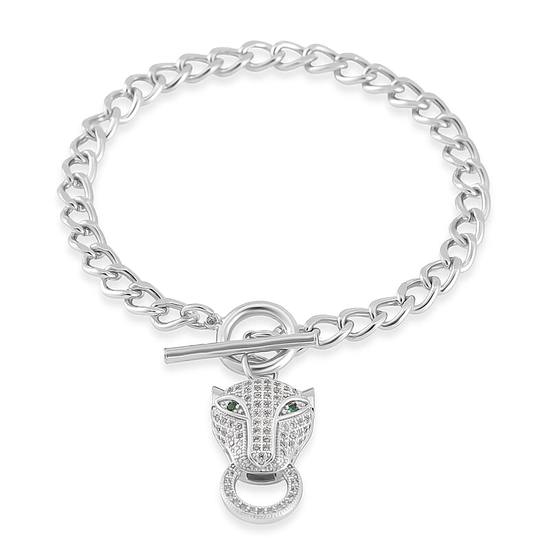 Green Glass and Simulated Diamond Wolf Head and Link Chain Bracelet in Silvertone (7.50 In) 1.00 ctw