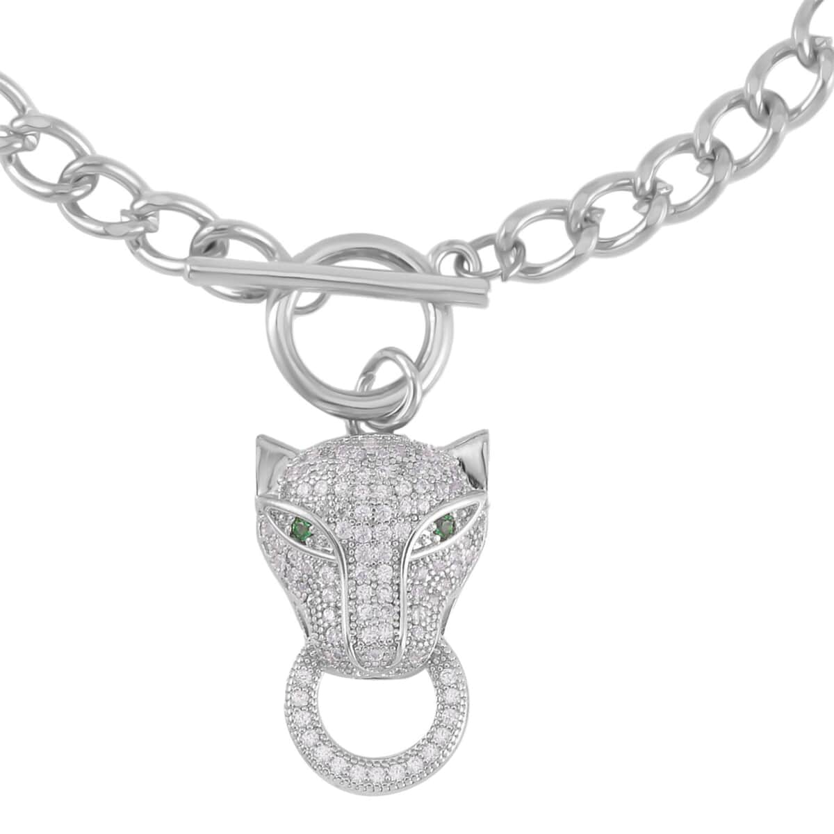 Green Glass and Simulated Diamond Wolf Head and Link Chain Bracelet in Silvertone (7.50 In) 1.00 ctw image number 2