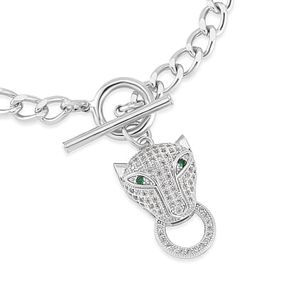 Green Glass and Simulated Diamond Wolf Head and Link Chain Bracelet in Silvertone (7.50 In) 1.00 ctw