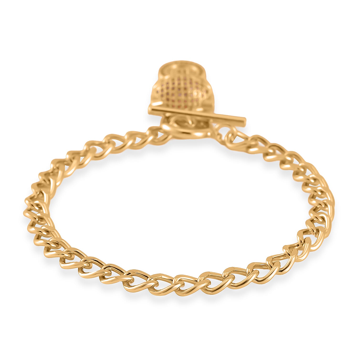 Green Glass and Simulated Champagne Diamond Wolf Head and Link Chain Bracelet in Goldtone (7.50 In) 1.00 ctw