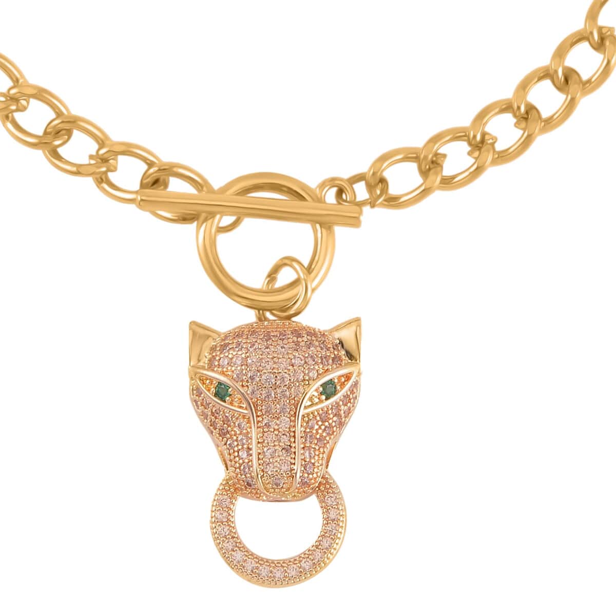 Green Glass and Simulated Champagne Diamond Wolf Head and Link Chain Bracelet in Goldtone (7.50 In) 1.00 ctw image number 2