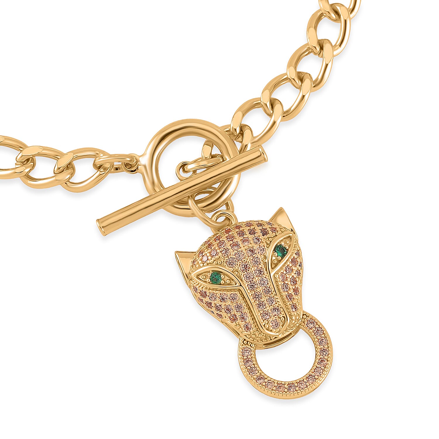 Green Glass and Simulated Champagne Diamond Wolf Head and Link Chain Bracelet in Goldtone (7.50 In) 1.00 ctw