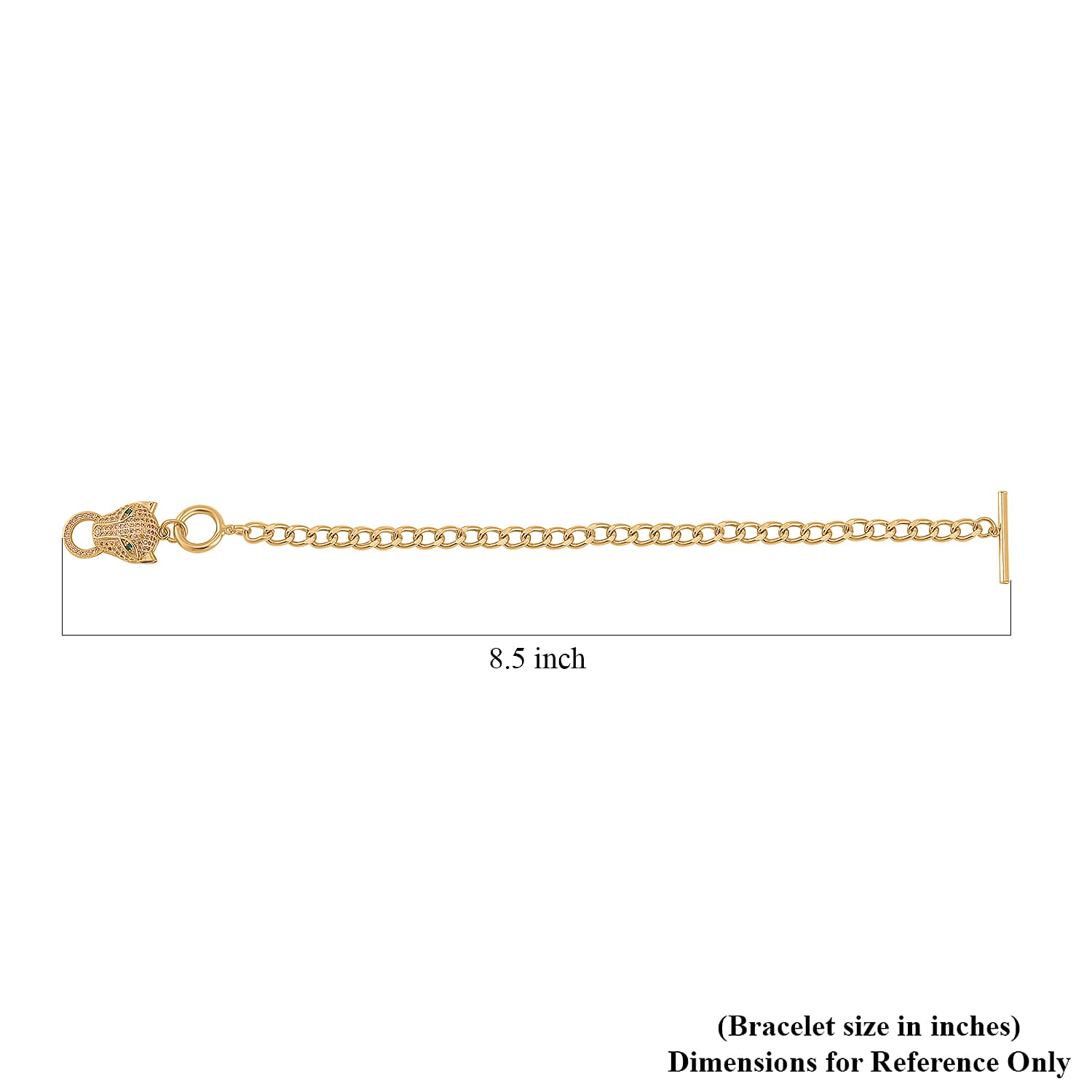Green Glass and Simulated Champagne Diamond Wolf Head and Link Chain Bracelet in Goldtone (7.50 In) 1.00 ctw
