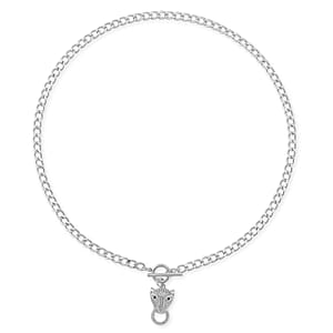 Green Glass and Simulated Diamond Wolf Head and Link Necklace 20 Inches in Silvertone 1.00 ctw