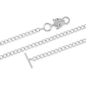 Green Glass and Simulated Diamond Wolf Head and Link Necklace 20 Inches in Silvertone 1.00 ctw