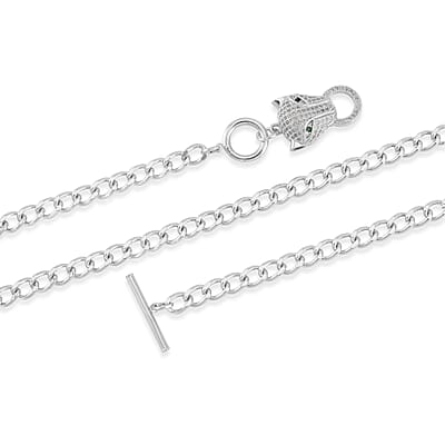 Green Glass and Simulated Diamond Wolf Head and Link Necklace 20 Inches in Silvertone 1.00 ctw