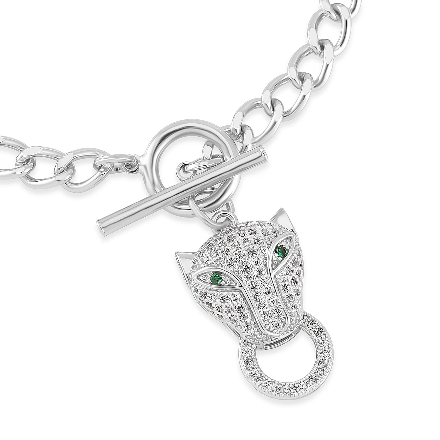 Green Glass and Simulated Diamond Wolf Head and Link Necklace 20 Inches in Silvertone 1.00 ctw