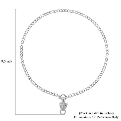 Green Glass and Simulated Diamond Wolf Head and Link Necklace 20 Inches in Silvertone 1.00 ctw