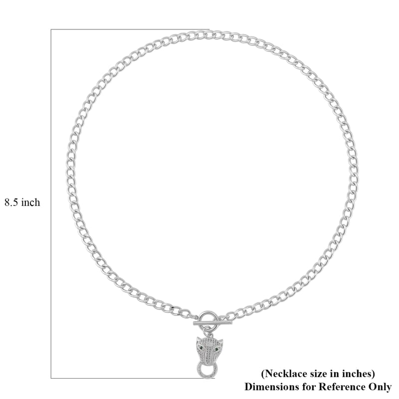 Green Glass and Simulated Diamond Wolf Head and Link Necklace 20 Inches in Silvertone 1.00 ctw