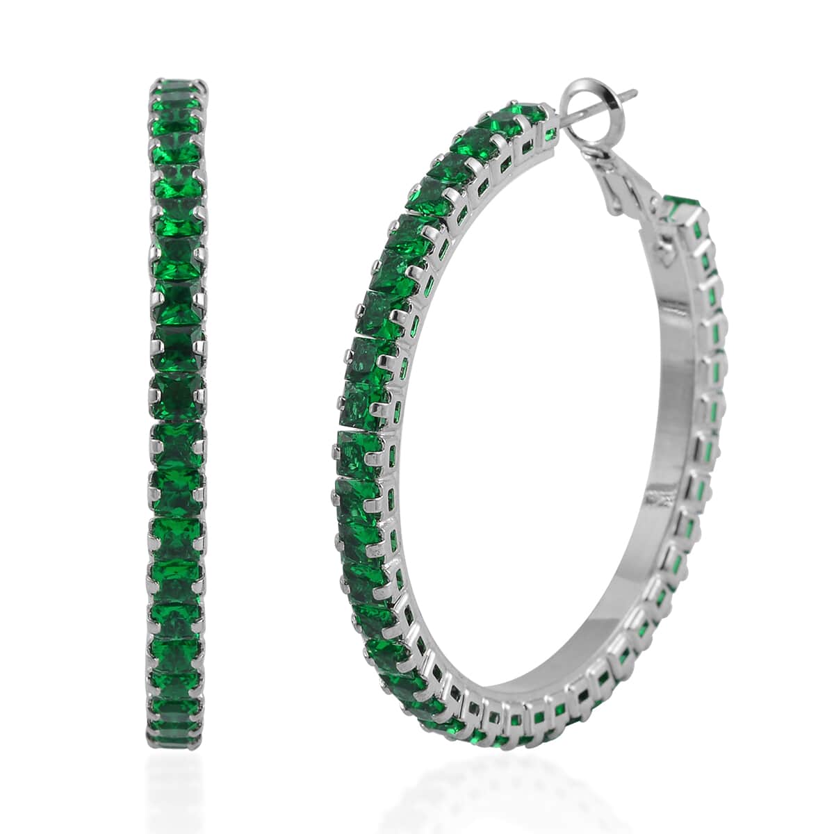 Bargain Deal Simulated Emerald Hoop Earrings in Silvertone image number 0